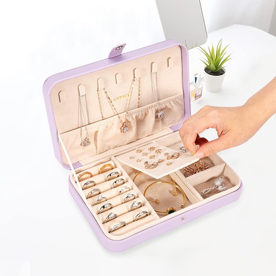 Chic Lavender PU Leather Travel Jewelry Box - Stylish Organizer for Rings, Earrings, Necklaces, and Bracelets - Perfect Gift for Women and Girls