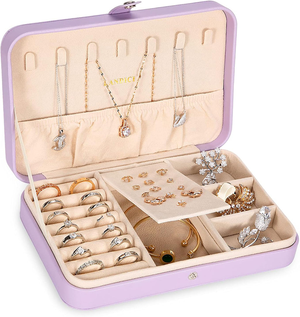 Chic Lavender PU Leather Travel Jewelry Box - Stylish Organizer for Rings, Earrings, Necklaces, and Bracelets - Perfect Gift for Women and Girls