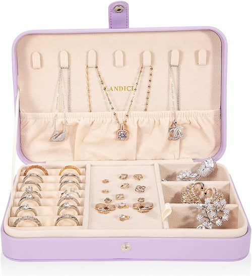 Chic Lavender PU Leather Travel Jewelry Box - Stylish Organizer for Rings, Earrings, Necklaces, and Bracelets - Perfect Gift for Women and Girls
